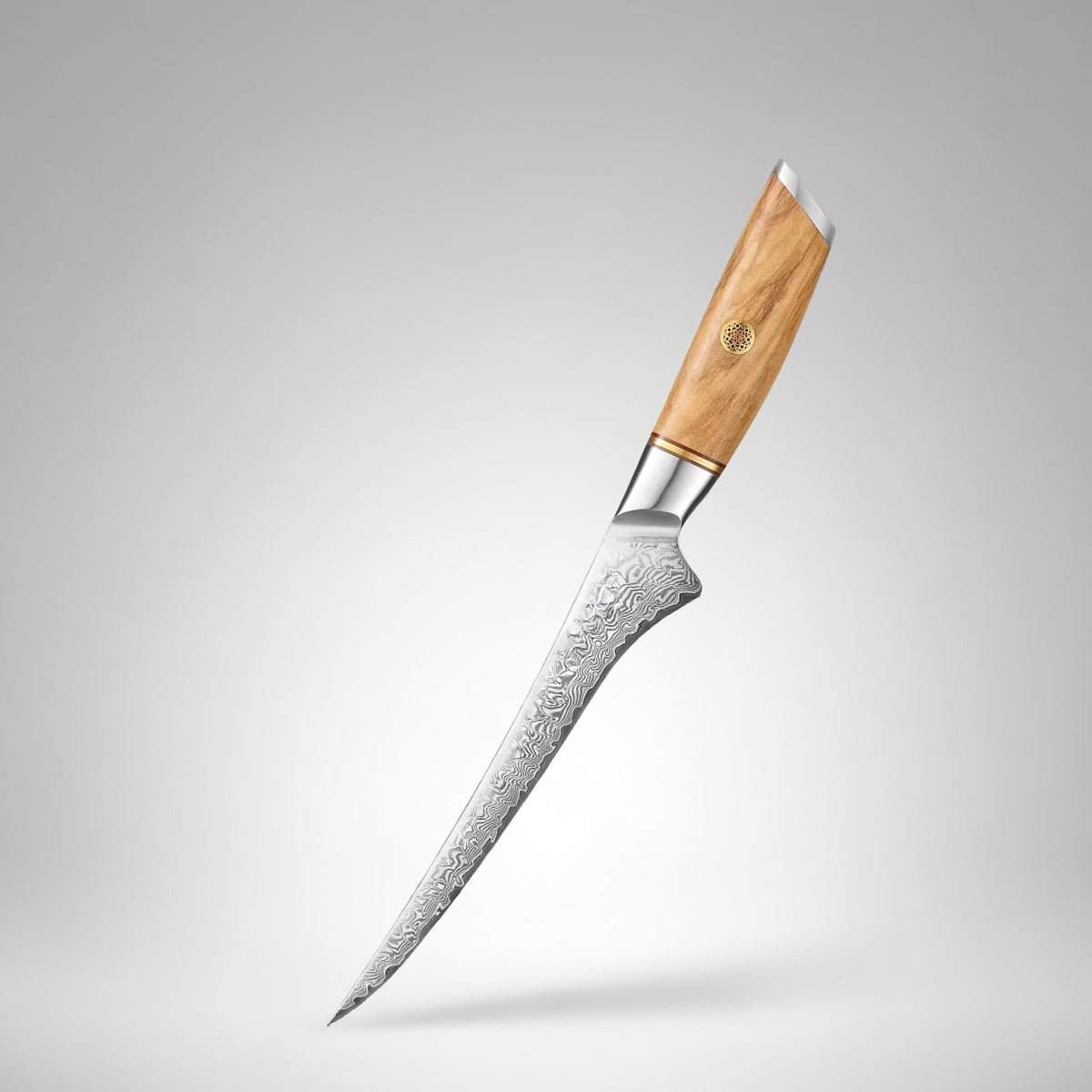 7″ Filleting Knife in Damascus Steel with Olive Wood Handle