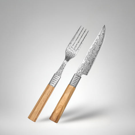 2-Piece Carving Fork and Knife Set in 67-Layer Damascus Steel with Olive Wood Handle