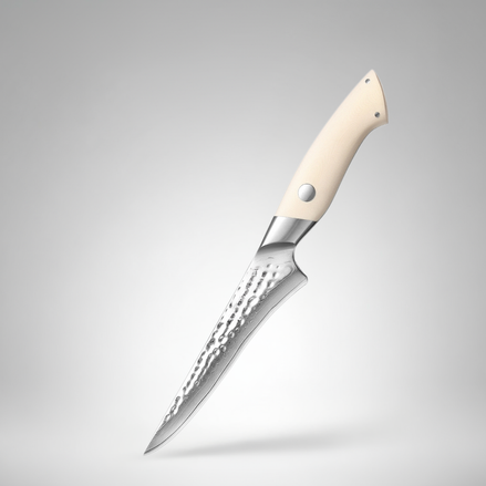 6-inch fillet knife in Damascus steel with an ivory-coloured G10 handle