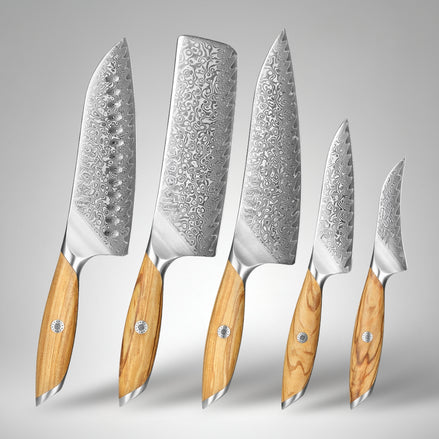 Premium 5-Piece Kitchen Knives Set in 73-Layer Damascus Steel with Olive Wood Handle