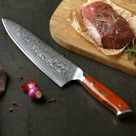 8.5" Chef Knife in 67-Layer Damascus Steel with Treated Rosewood Handle