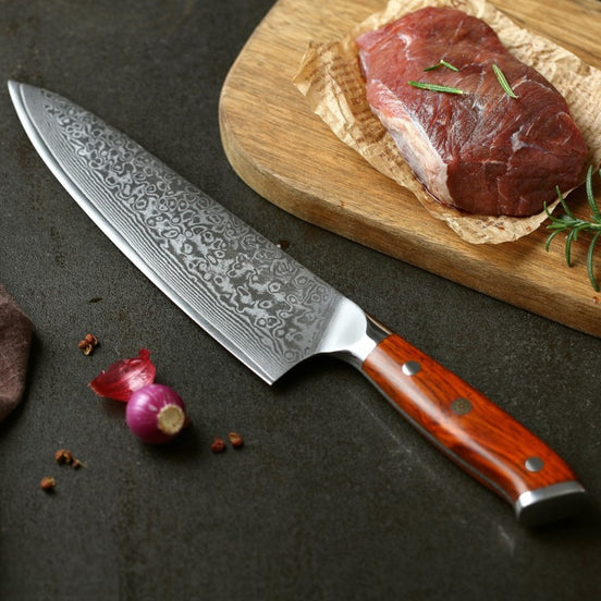 8.5" Chef Knife in 67-Layer Damascus Steel with Treated Rosewood Handle