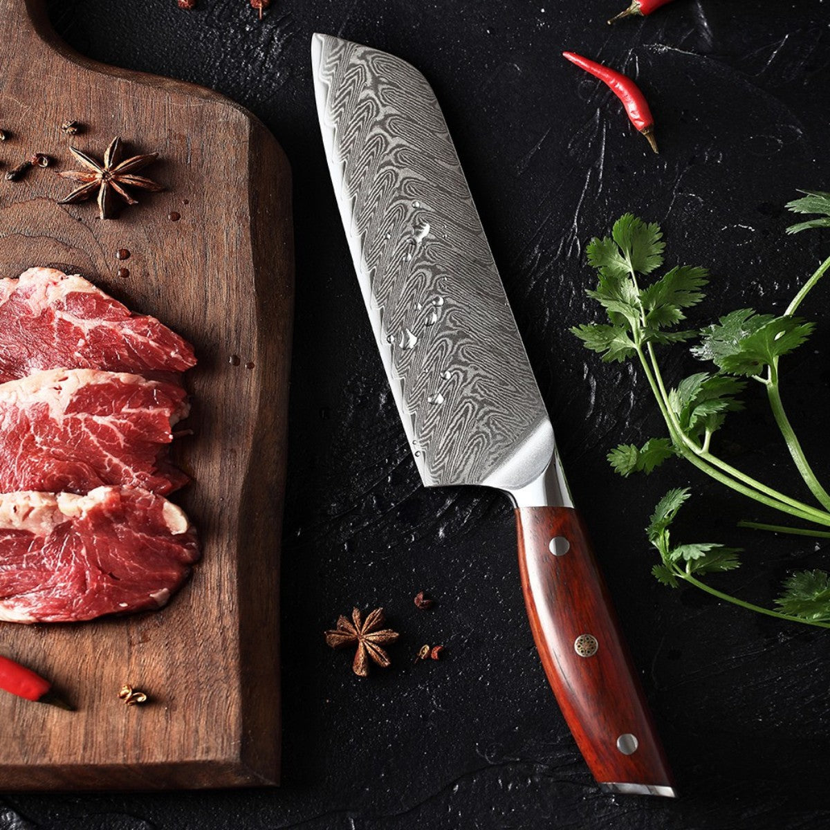 7″ Santoku Knife in 67-Layer Damascus Steel with Rosewood Handle