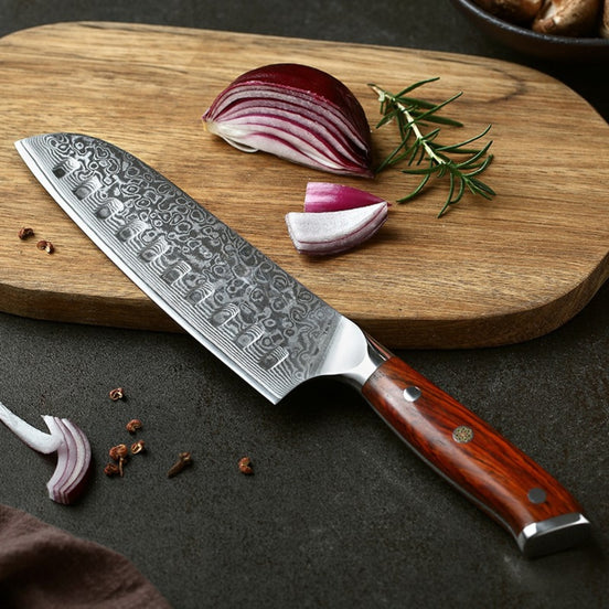 7" Santoku Knife in Damascus Steel with Rosewood Handle
