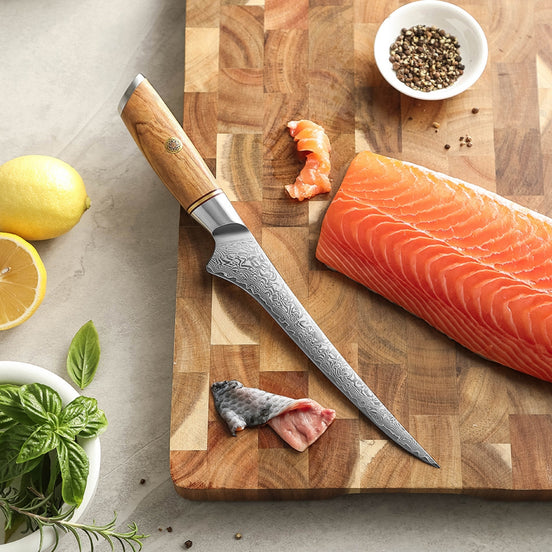 7″ Filleting Knife in Damascus Steel with Olive Wood Handle