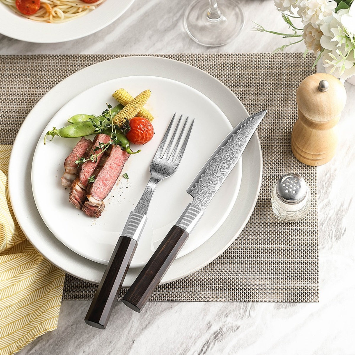 2-Piece 67-Layer Damascus Steak Knife and Fork Set with Ebony Wood Handle
