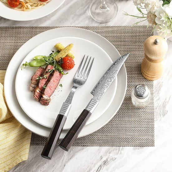 2-Piece 67-Layer Damascus Steak Knife and Fork Set with Ebony Wood Handle