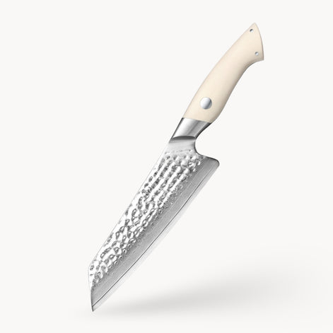 Santoku Knife in Damascus Steel with White G10 Handle