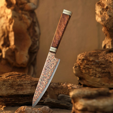 Ji Series Utility Knife 53-Layer Tricolour Copper Damascus Steel