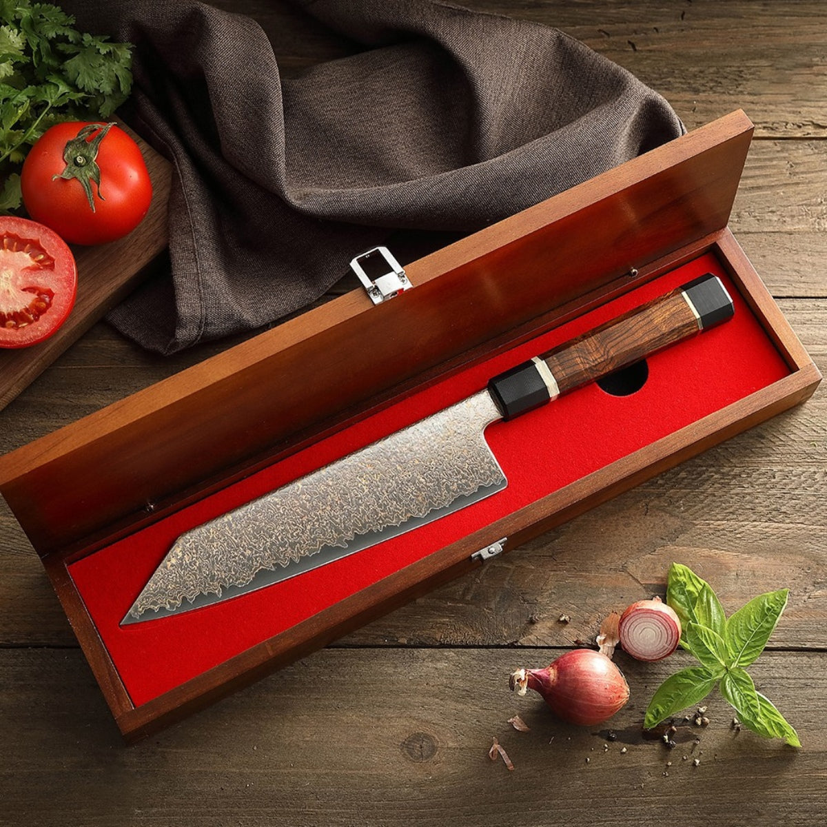 Bunka Knife in Tricolour Damascus Steel with High-Precision Octagonal Handle