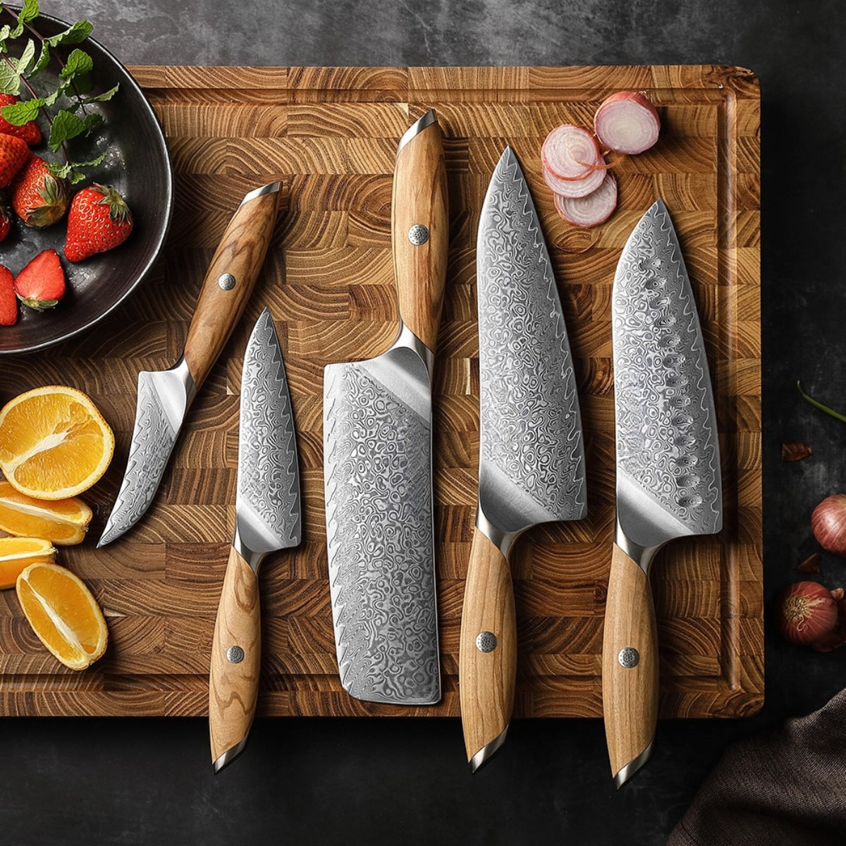 Premium 5-Piece Kitchen Knives Set in 73-Layer Damascus Steel with Olive Wood Handle