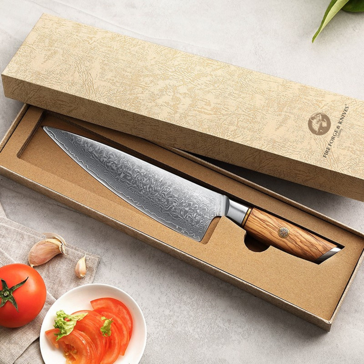 8.5″ Chef Knife in 73-Layer Damascus Steel with Olive Wood Handle