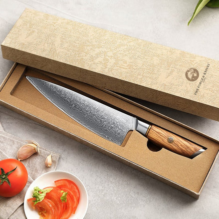 8.5″ Chef Knife in 73-Layer Damascus Steel with Olive Wood Handle