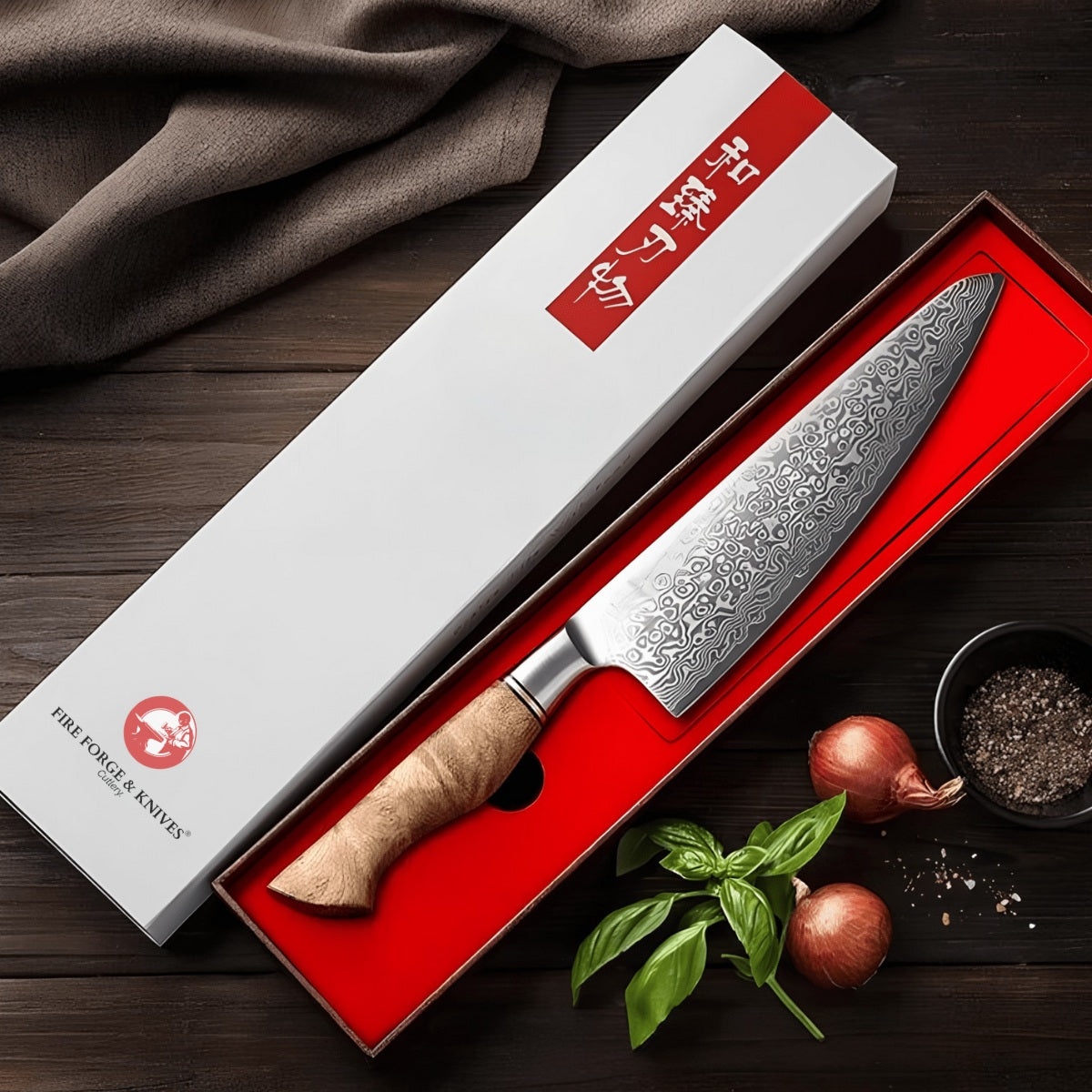 Chef’s Knife in 67-Layer Damascus Steel with 10Cr15CoMoV Core and Figured Sycamore Handle