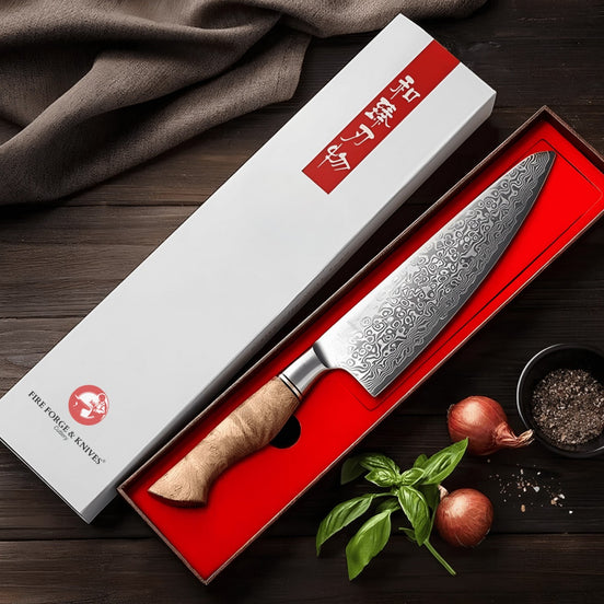 Chef’s Knife in 67-Layer Damascus Steel with 10Cr15CoMoV Core and Figured Sycamore Handle