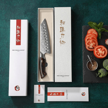 Professional Santoku Knife in 73-Layer Damascus Steel with Red and Black G10 Handle