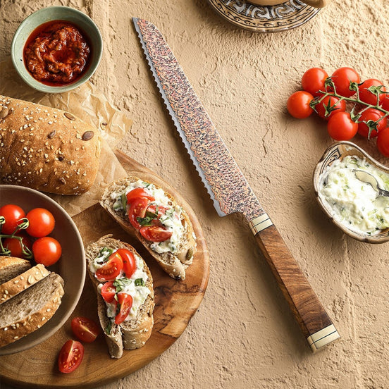 Ji Series Bread Knife 53-Layer Tricolour Copper Damascus Steel