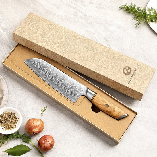 7" Santoku Knife in Damascus Steel with 14Cr14MoVNb Core and Olive Wood Handle