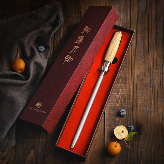 Professional Diamond-Coated Honing Rod with Olive Wood Handle