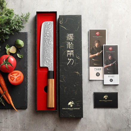 Nakiri Knife in 67-Layer Damascus Steel with Olive Wood and Buffalo Horn Handle