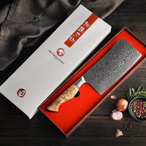 67-Layer Damascus Steel Cleaver with Sycamore Handle