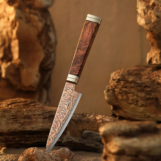 5-inch Vegetable Knife From The Ji Series With 53 Layers of Tricolor Copper Damascus Steel
