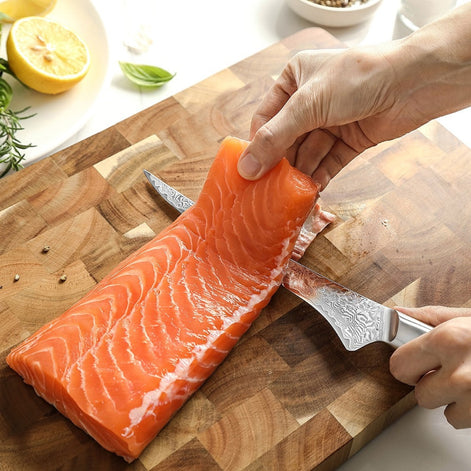 7″ Filleting Knife in Damascus Steel with Olive Wood Handle