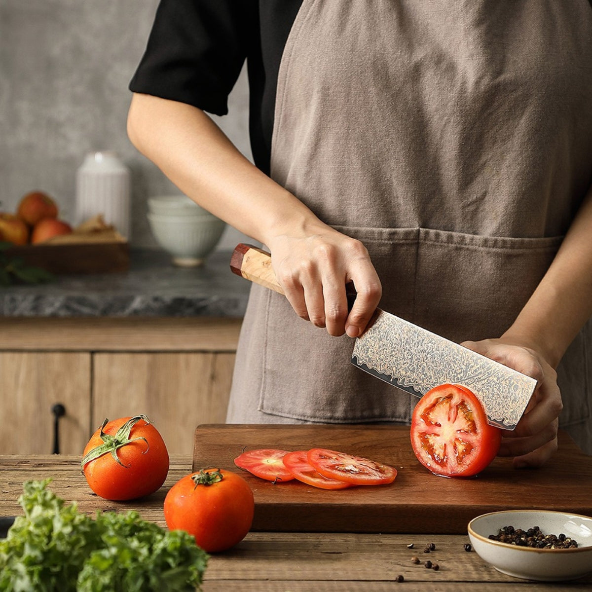 Nakiri Knife 7.2” in Tricolour Damascus Steel