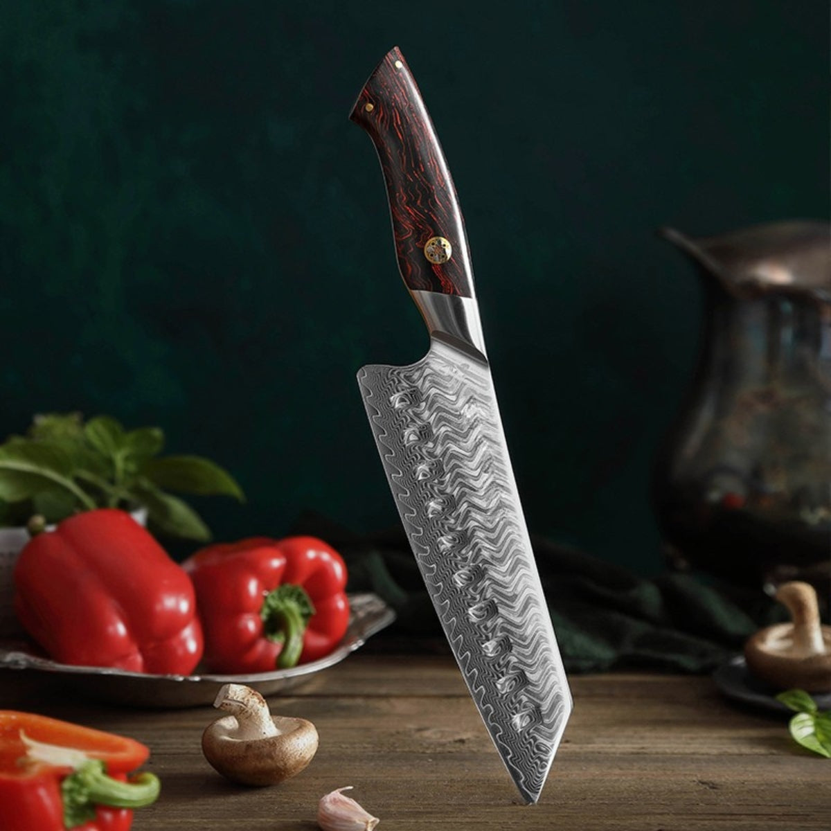 Professional Santoku Knife in 73-Layer Damascus Steel with Red and Black G10 Handle