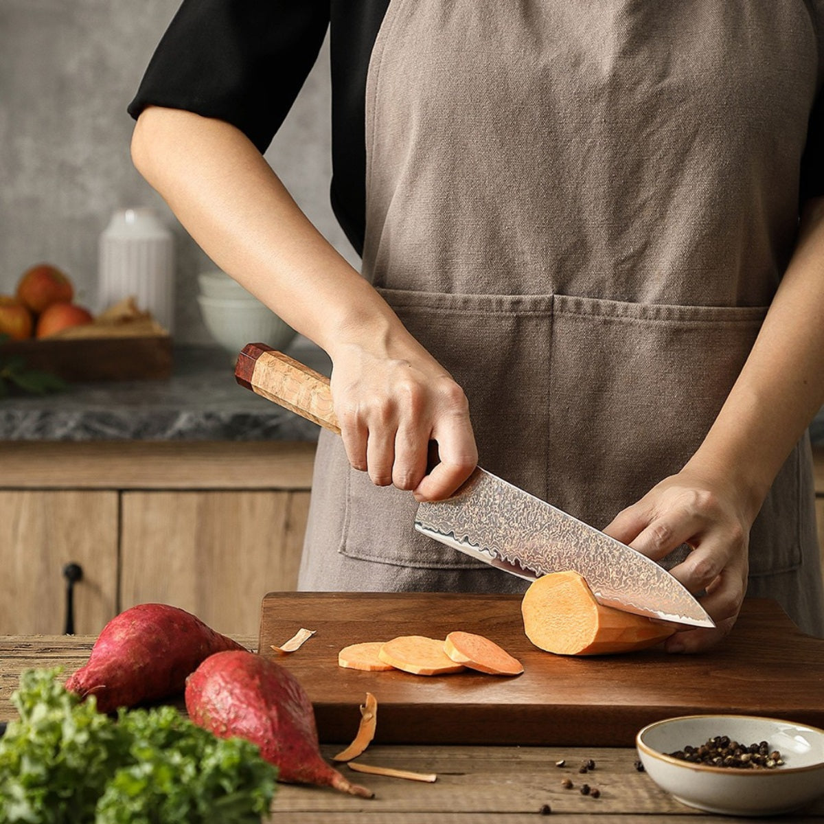 8.3″ Chef Knife in Tricolour Damascus Steel, 37 Layers