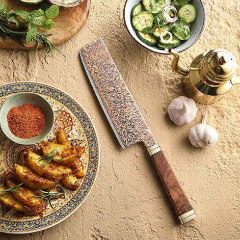 Ji Series Nakiri Knife 53-Layer Tricolour Copper Damascus Steel