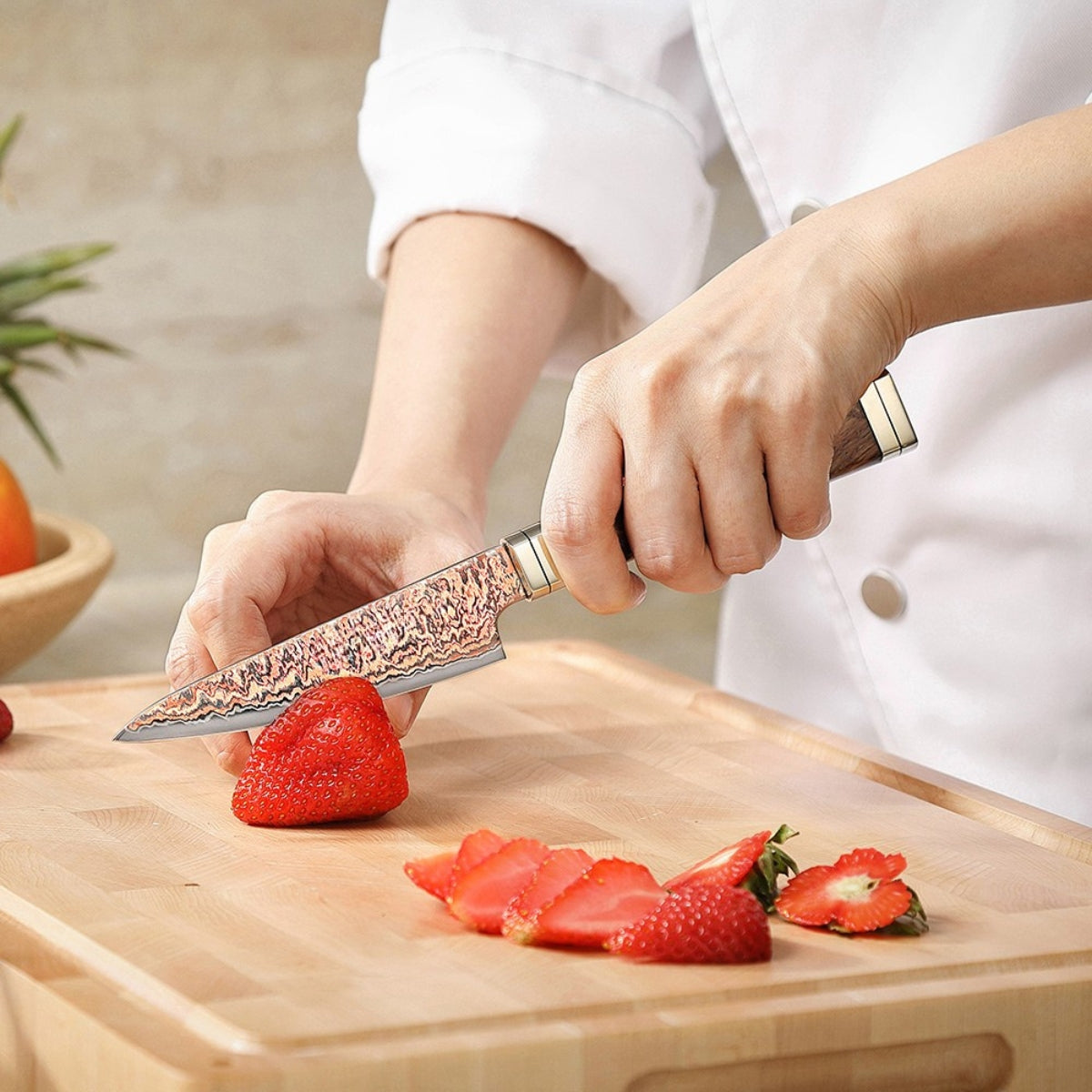 5-inch Vegetable Knife From The Ji Series With 53 Layers of Tricolor Copper Damascus Steel