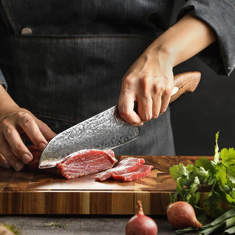 Santoku Knife 7″ in Damascus Steel with AUS-10 Core and Walnut Handle
