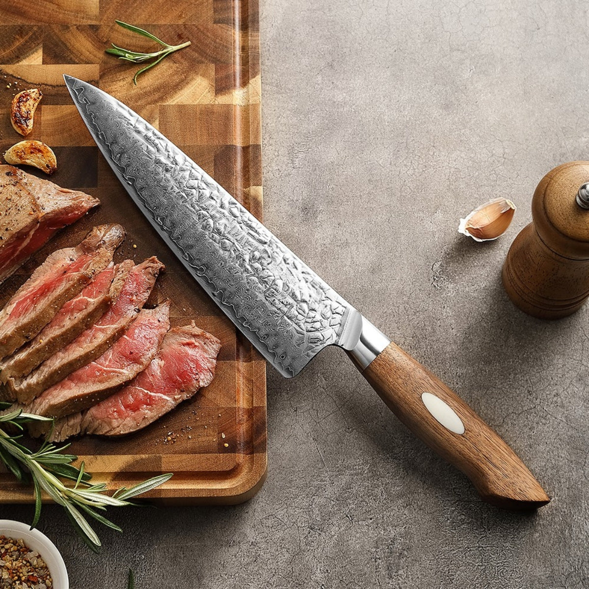 Japanese Chef Knife in AUS-10 Damascus Steel with Black Walnut Handle