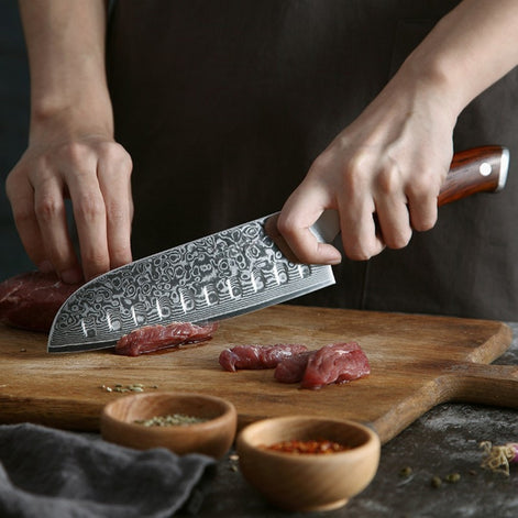 7" Santoku Knife in Damascus Steel with Rosewood Handle