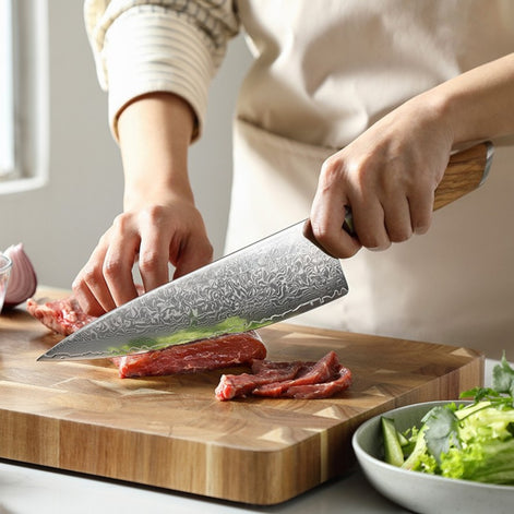 8.5″ Chef Knife in 73-Layer Damascus Steel with Olive Wood Handle