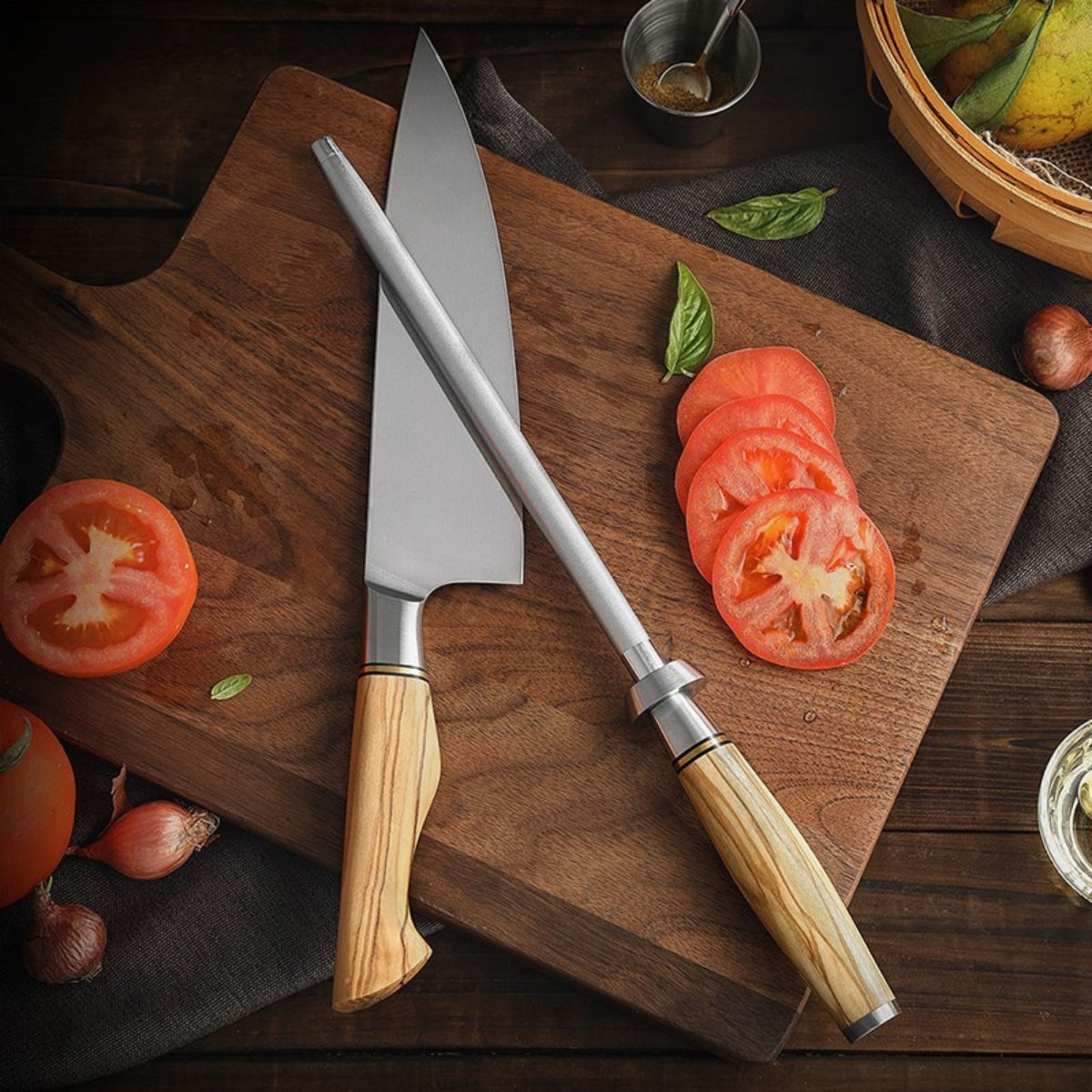 Honing Rod Profissional com Revestimento de Diamante e Cabo em Madeira de Oliveira