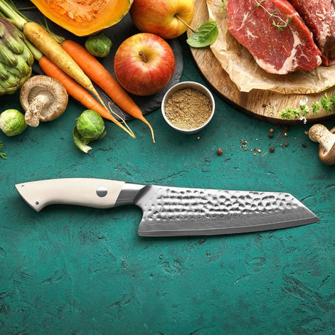 Santoku Knife in Damascus Steel with White G10 Handle