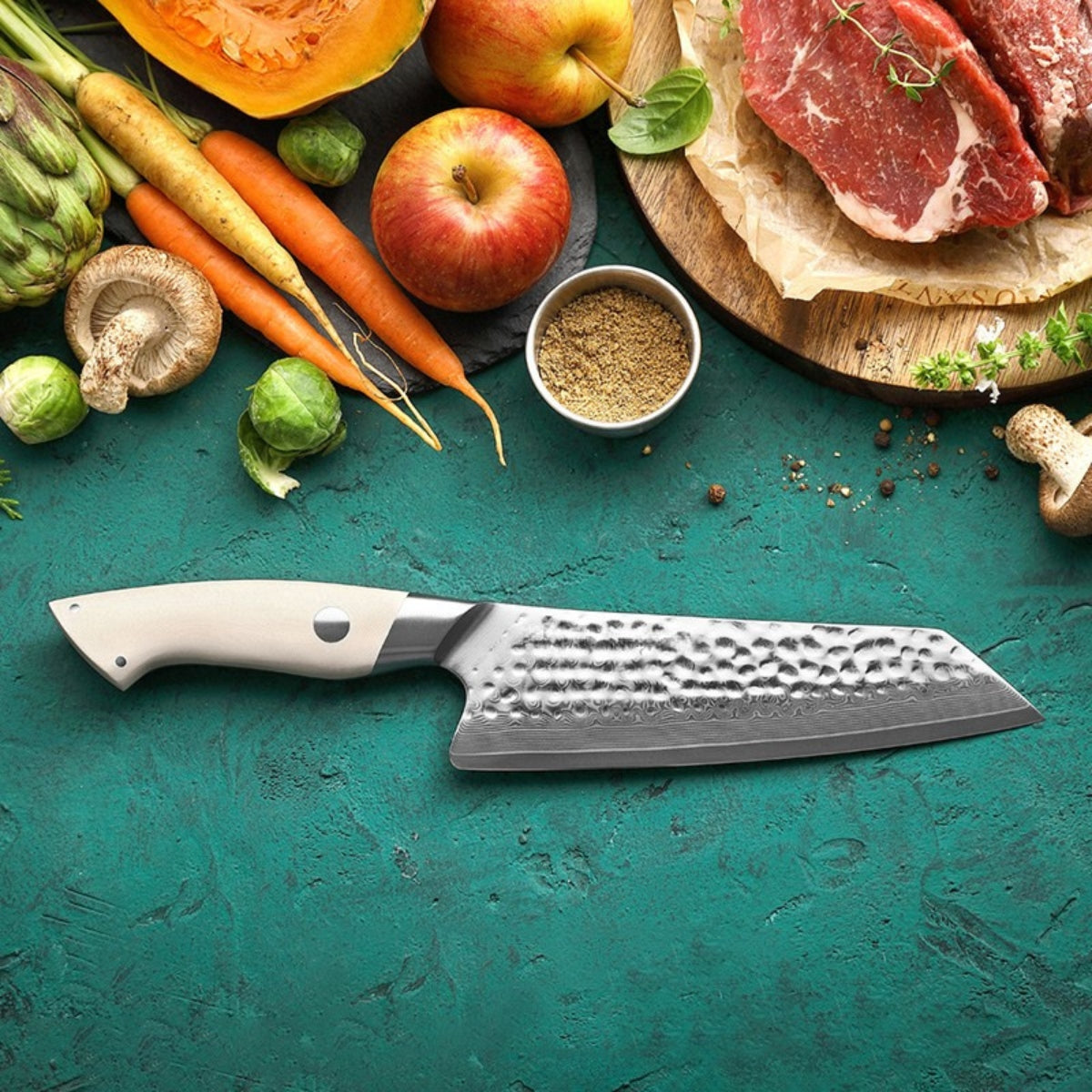 Santoku Knife in Damascus Steel with White G10 Handle