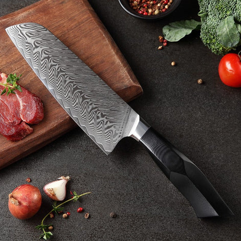 67-Layer Damascus Santoku Knife with Black G10 Handle