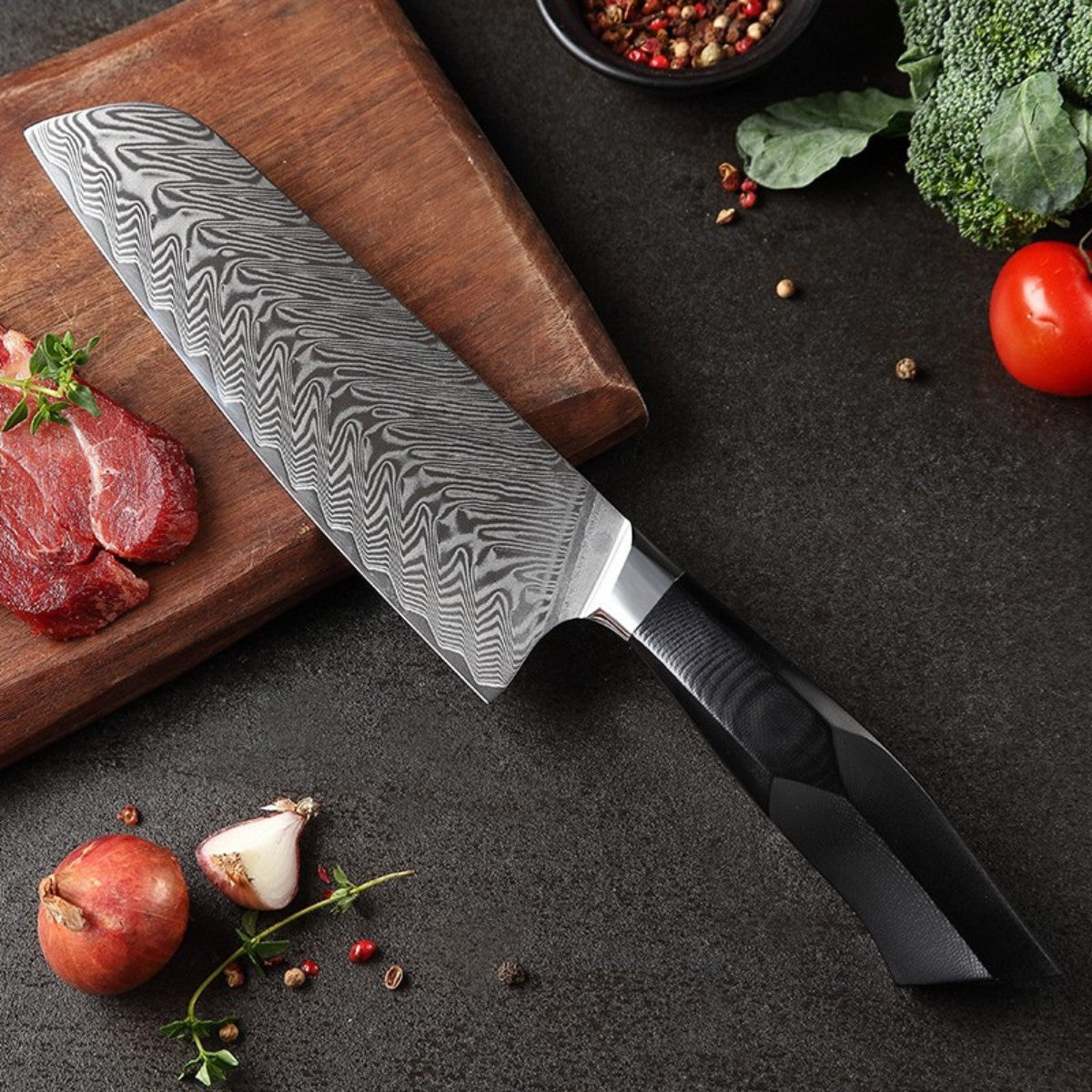 67-Layer Damascus Santoku Knife with Black G10 Handle