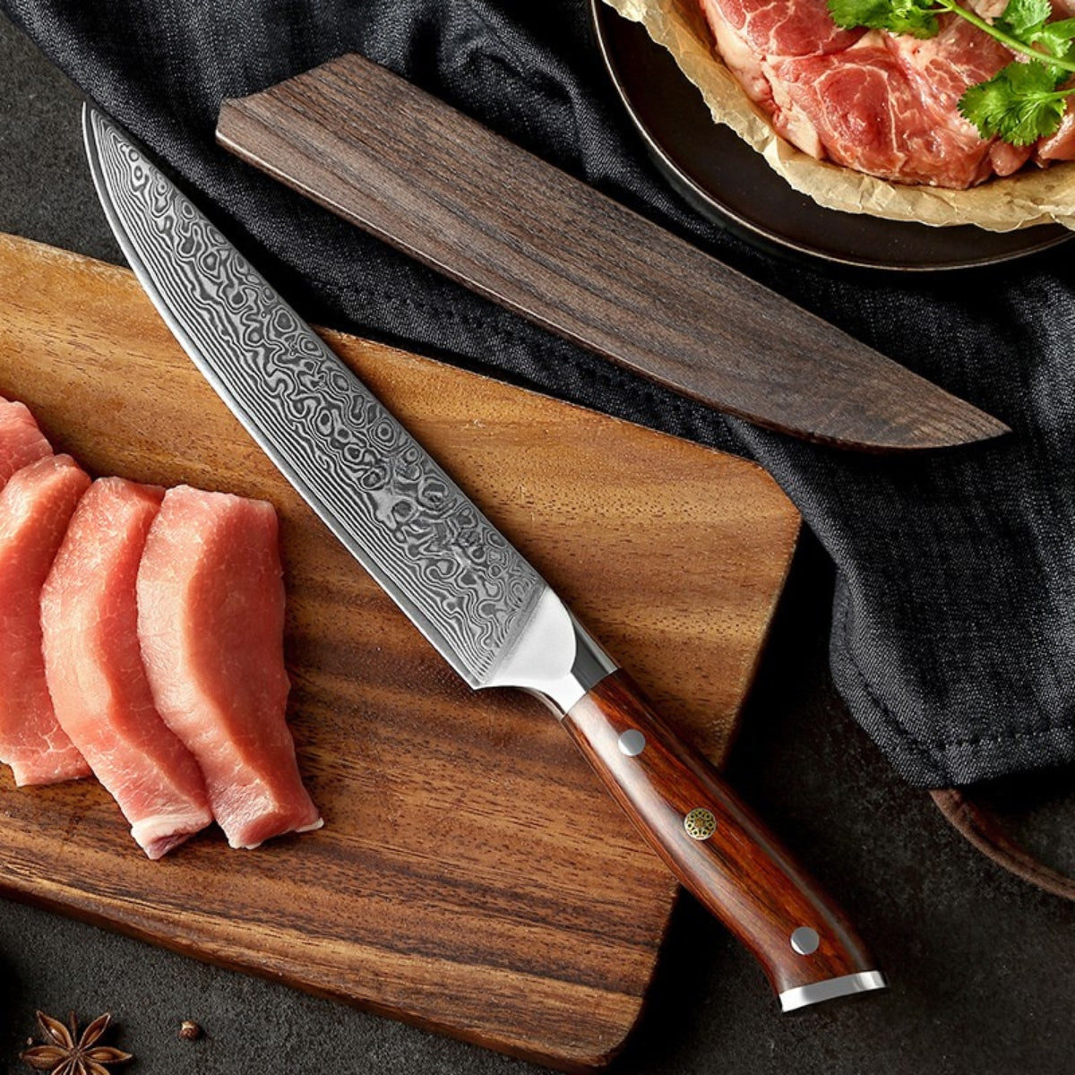 8” Carving Knife in 67-Layer Damascus Steel with Jacaranda Wood Handle