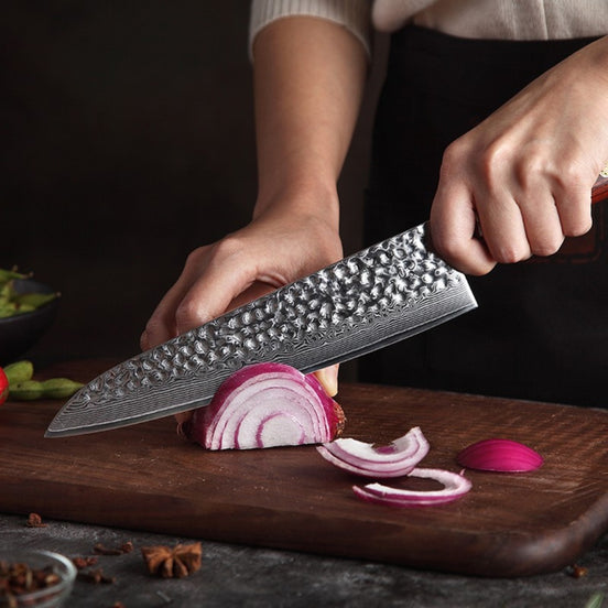 Chef Knife 215 mm — Hammered Damascus Lamination | Controlled Everyday Performance