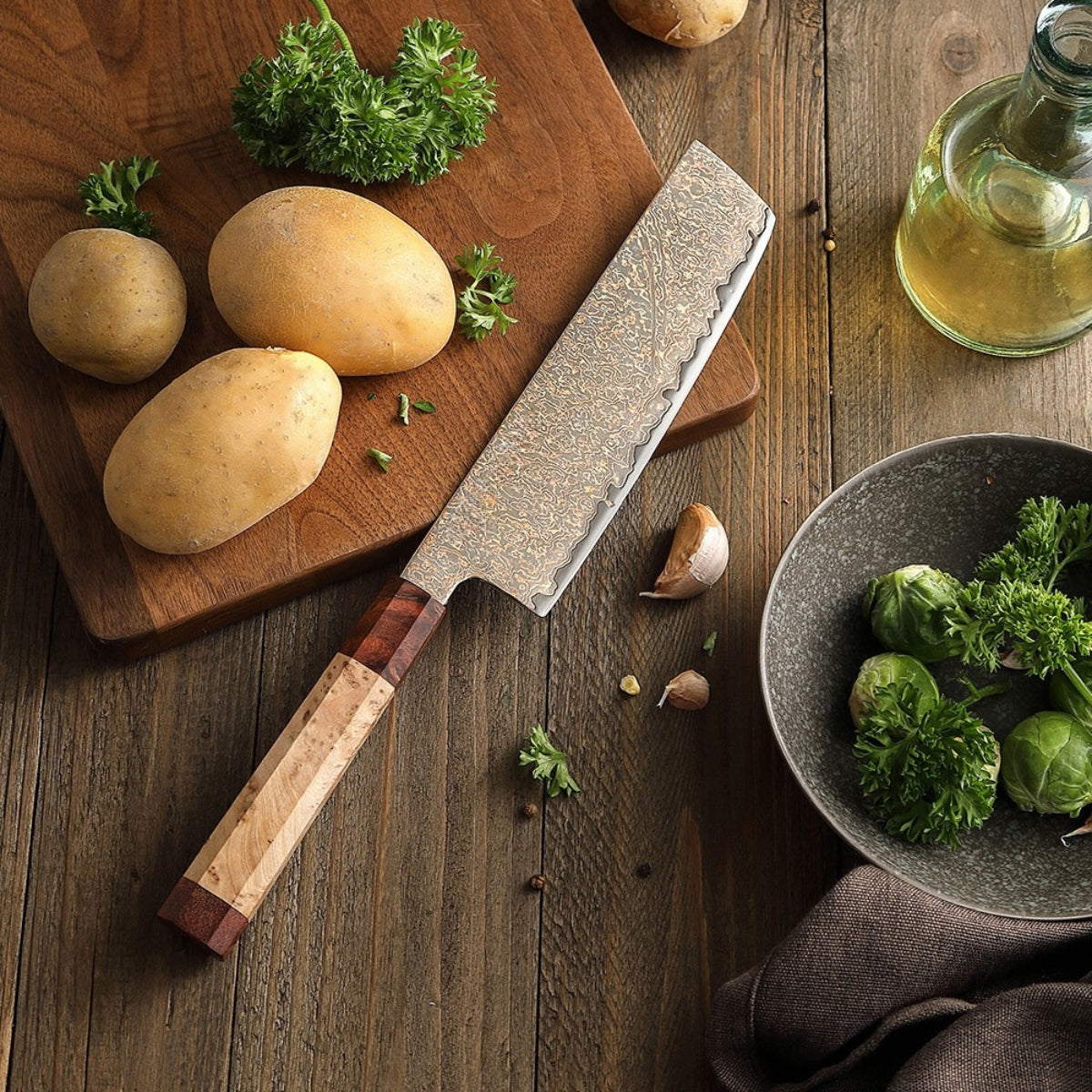 Nakiri Knife 7.2” in Tricolour Damascus Steel