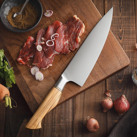 8.3" Chef’s Knife in Sandvik 14C28N Steel with Olive Wood Handle