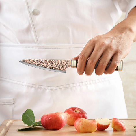 5-inch Vegetable Knife From The Ji Series With 53 Layers of Tricolor Copper Damascus Steel
