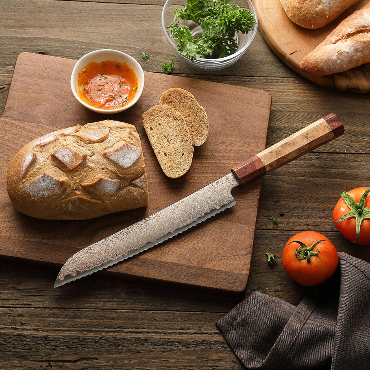 8.7” Bread Knife in 37-Layer Tricolour Damascus Steel