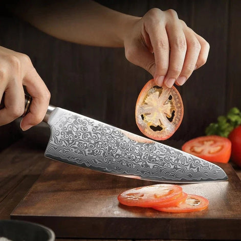 Chef’s Knife in 67-Layer Damascus Steel with 10Cr15CoMoV Core and Figured Sycamore Handle