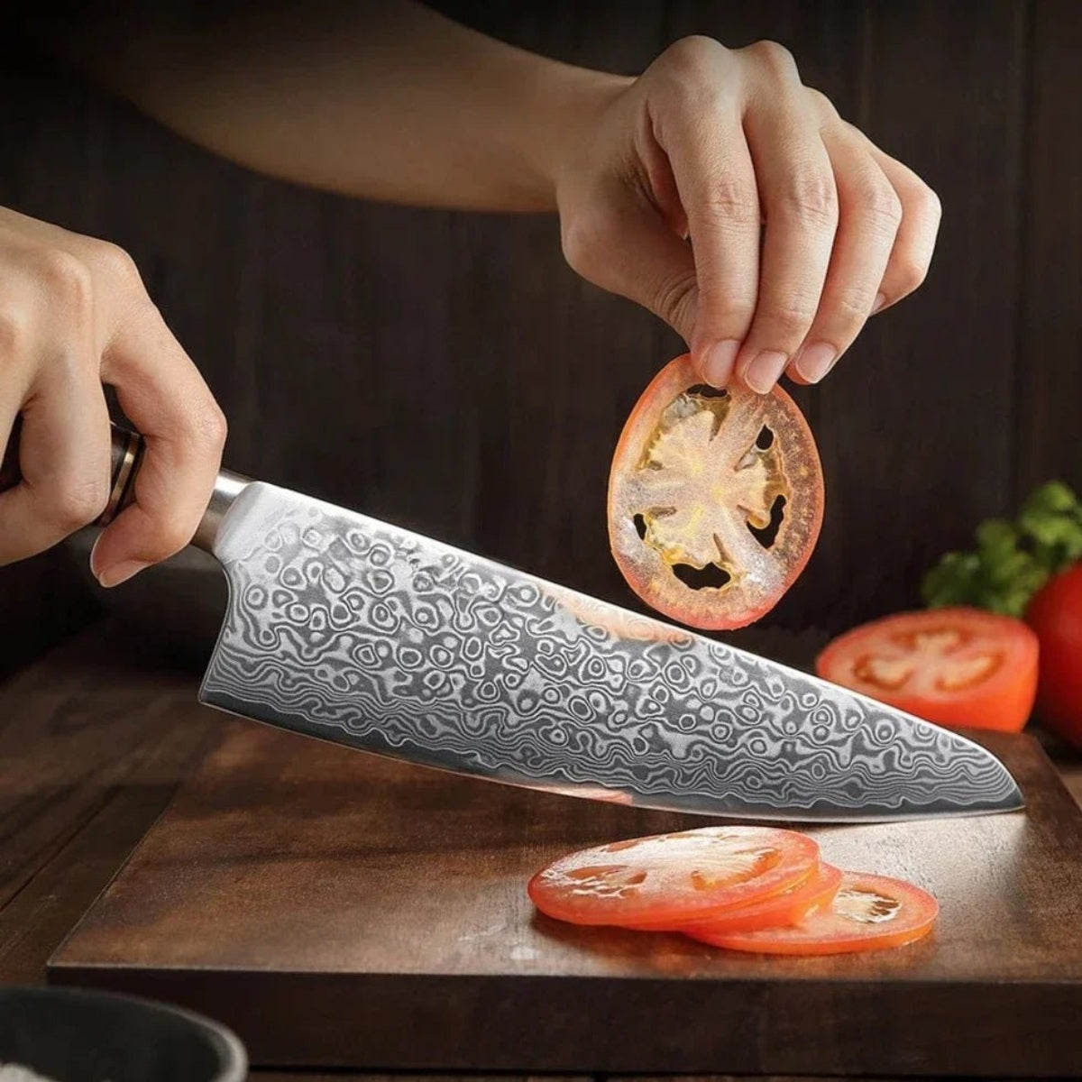 Chef’s Knife in 67-Layer Damascus Steel with 10Cr15CoMoV Core and Figured Sycamore Handle