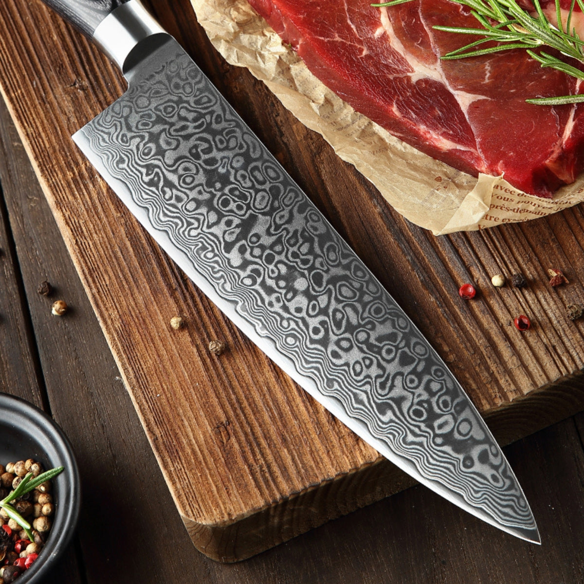 Chef Knife in 67-Layer Damascus Steel with Pakka Wood Handle